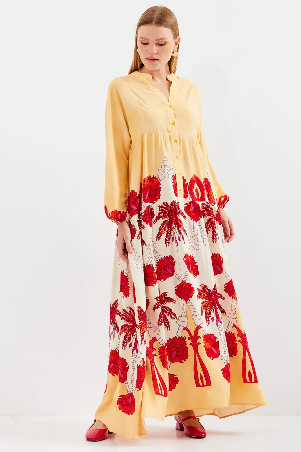 Robe hijab en viscose jaune et rouge pour femme 2423