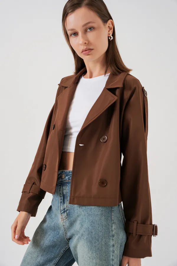 Women's Belted Short Trench Coat 5970 - Brown Women's Belted Short Trench Coat 5970 - Brown