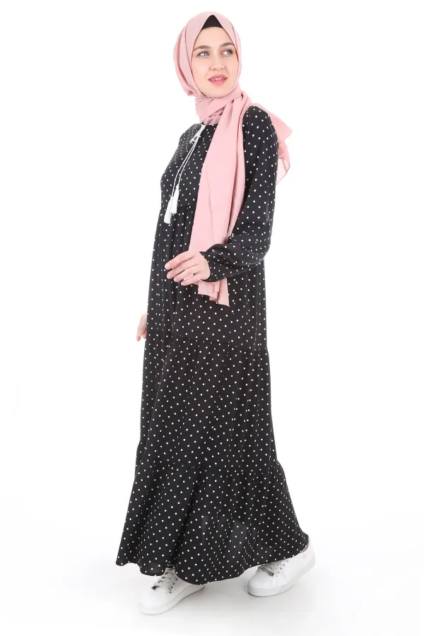 1627 Yaka Bağcıklı Tesettür Elbise - F. Siyah