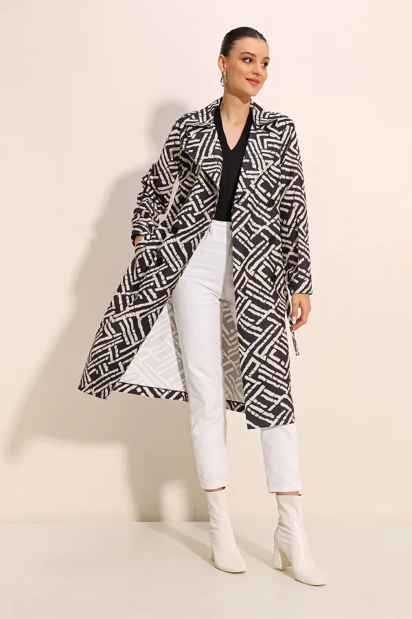 5853 Patterned Double-Breasted Trench Coat - C. Black