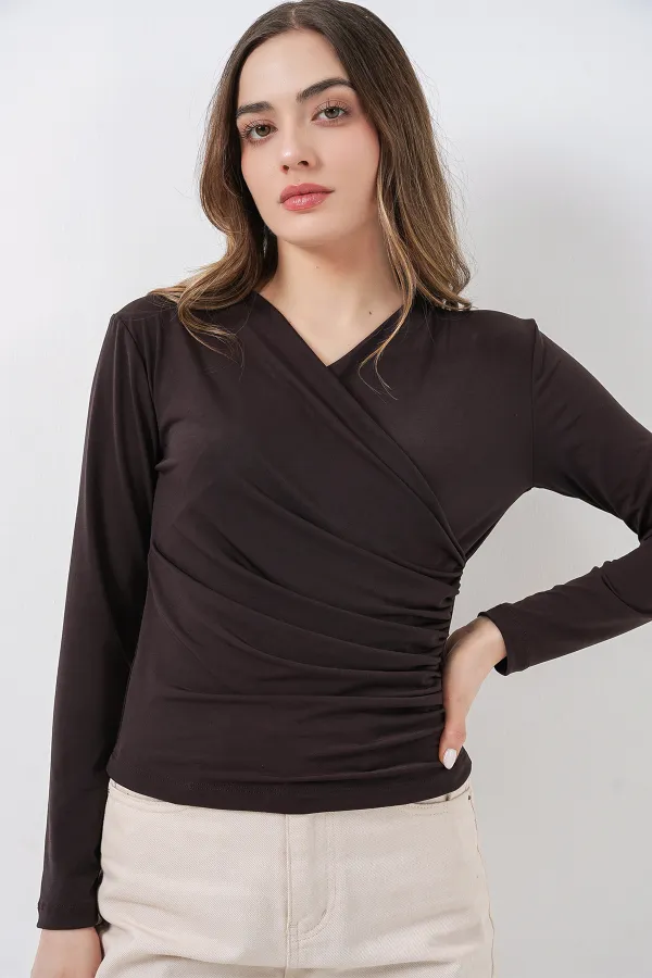 939 Anvelop Yaka Sandy Bluz - Kahverengi