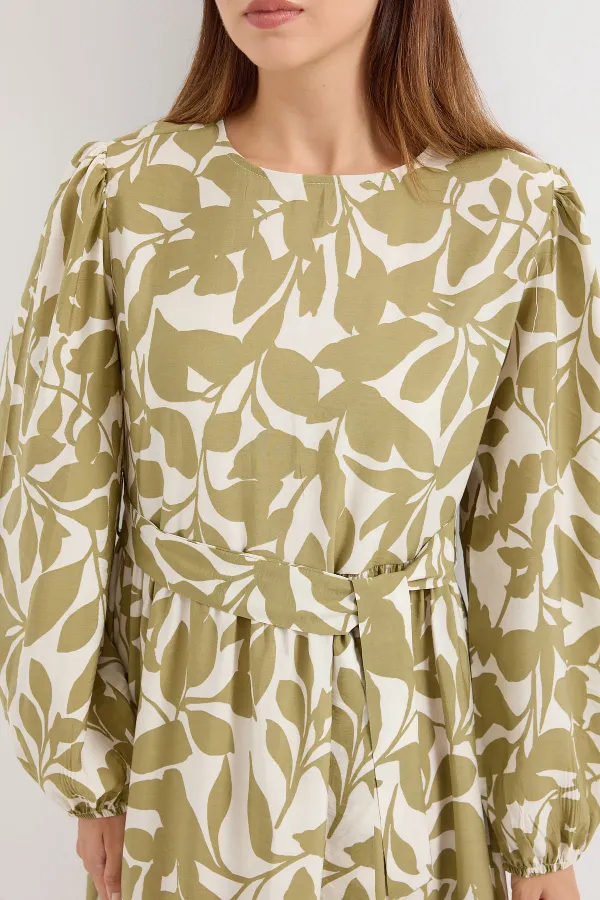 2513 Balloon Sleeve Hijab Dress - Oil Green