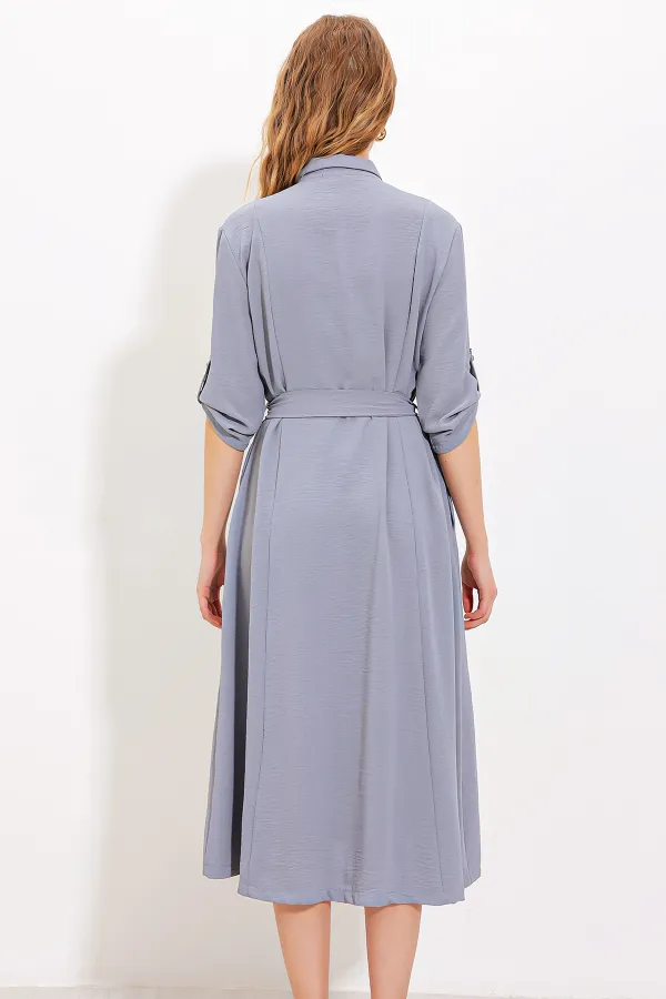 Robe-chemise grise ceinturée pour femme 2442