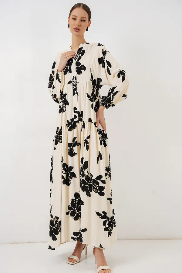 Robe longue hijab à motifs pour femme 2585 - Écru