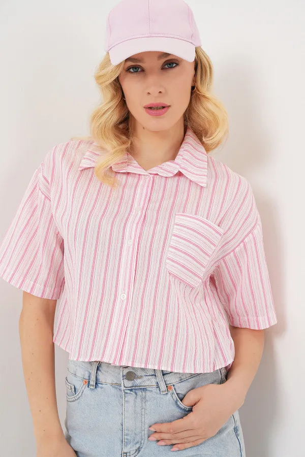 Women's Striped Crop Shirt 20342 - Powder