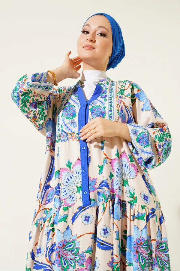 Robe hijab à motifs authentiques 2423 - Bleu marine