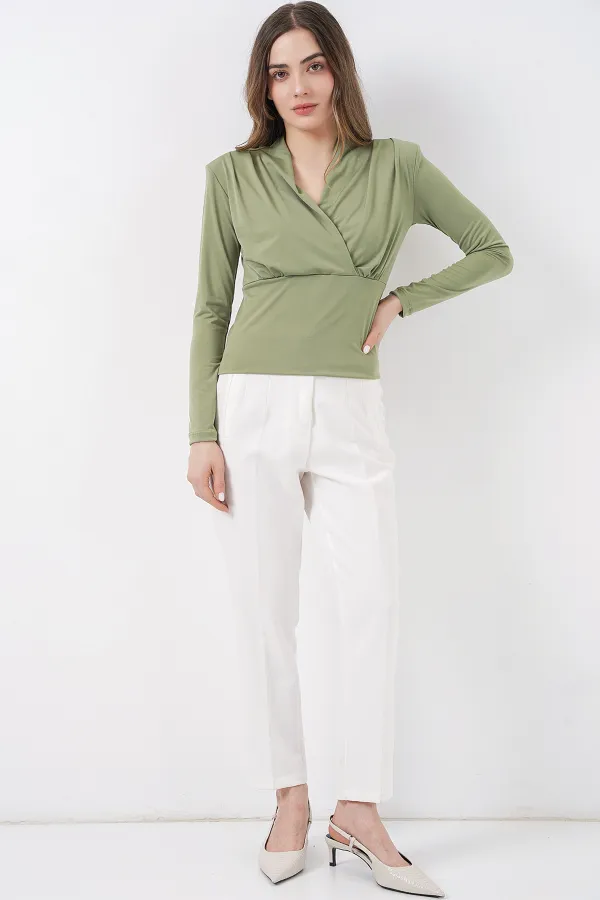 Kadın Omuz Vatkalı Kruvaze Yaka Bluz 942 - E.Yeşil