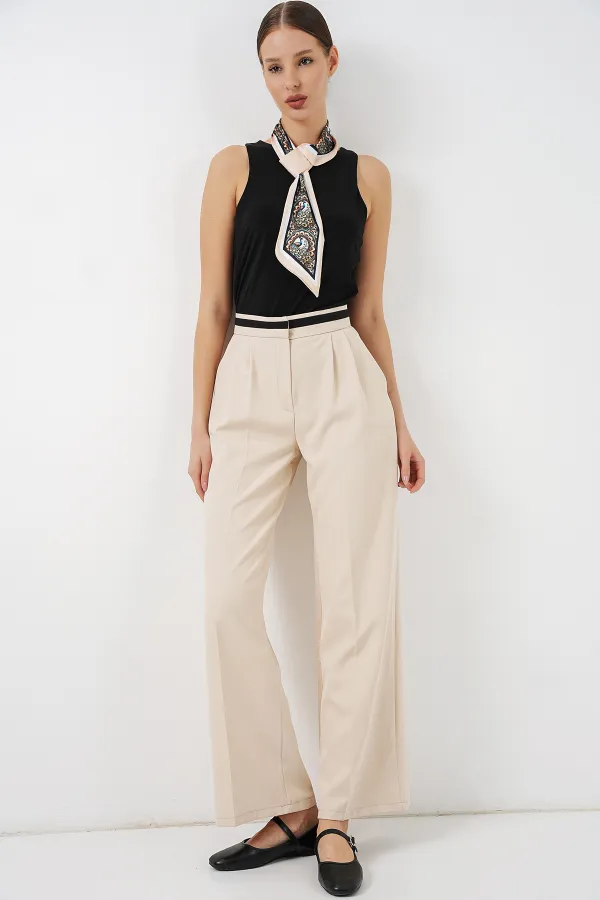 Pantalon large en tissu pour femme 30088 - Crème