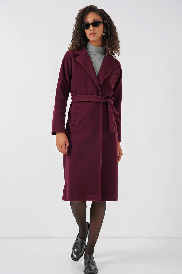 9118 Double Breasted Collar Cashmere Coat - Claret Red
