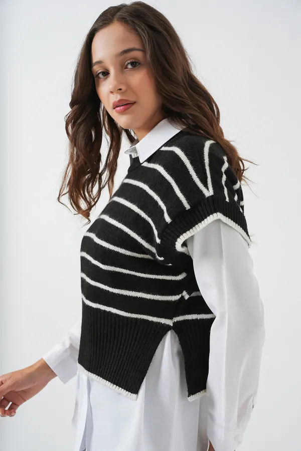 Kadın Çizgili Triko Süveter 15926 - Siyah