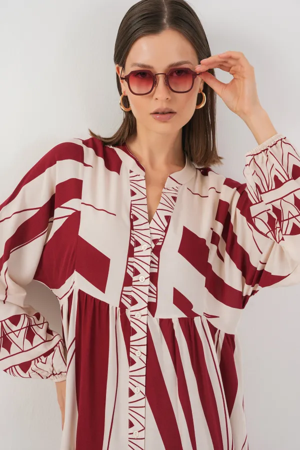 Robe longue hijab à motifs pour femme 2585 - Bordeaux