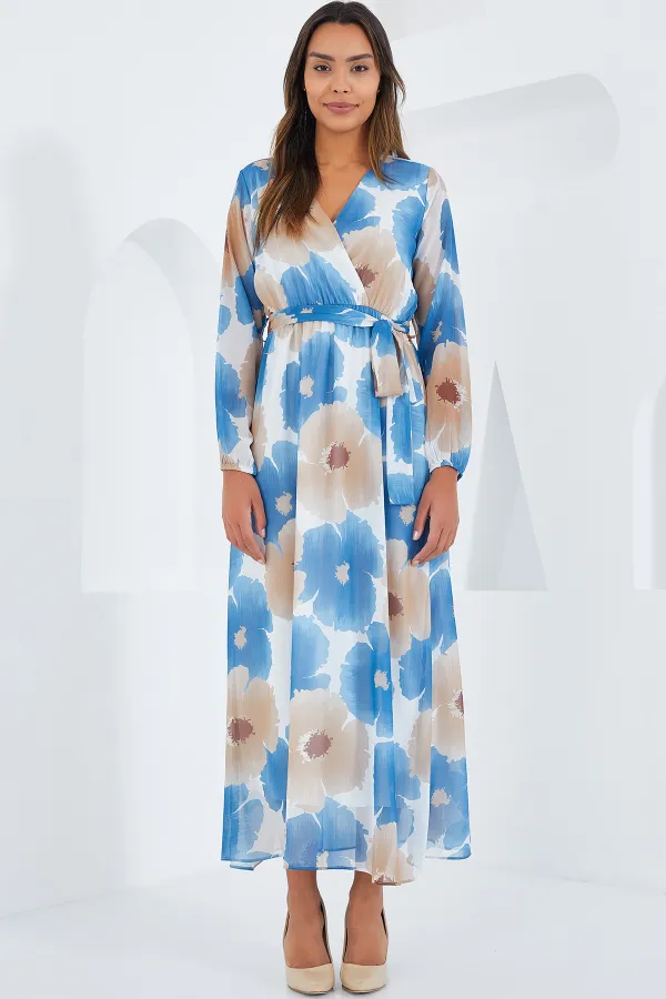 Robe en mousseline de soie à motifs floraux bleu beige pour femme 2134