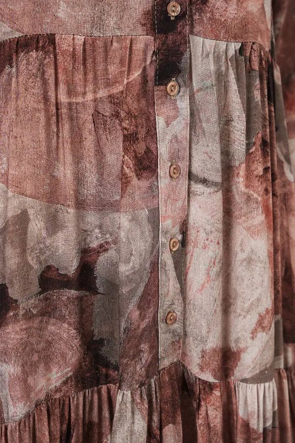 Kadın Desenli Uzun Tesettür Elbise 2585 - D.Gül Kurusu