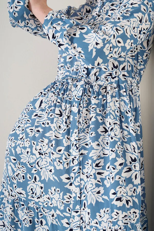 2144 Hakim Yaka Tesettür Elbise - Mavi