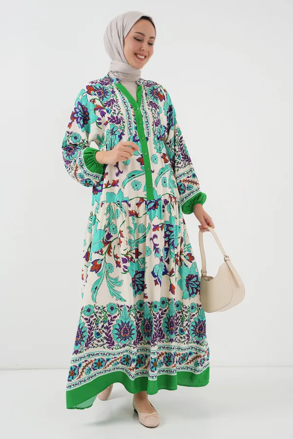 Robe hijab à motifs authentiques 2423 - Vert 1