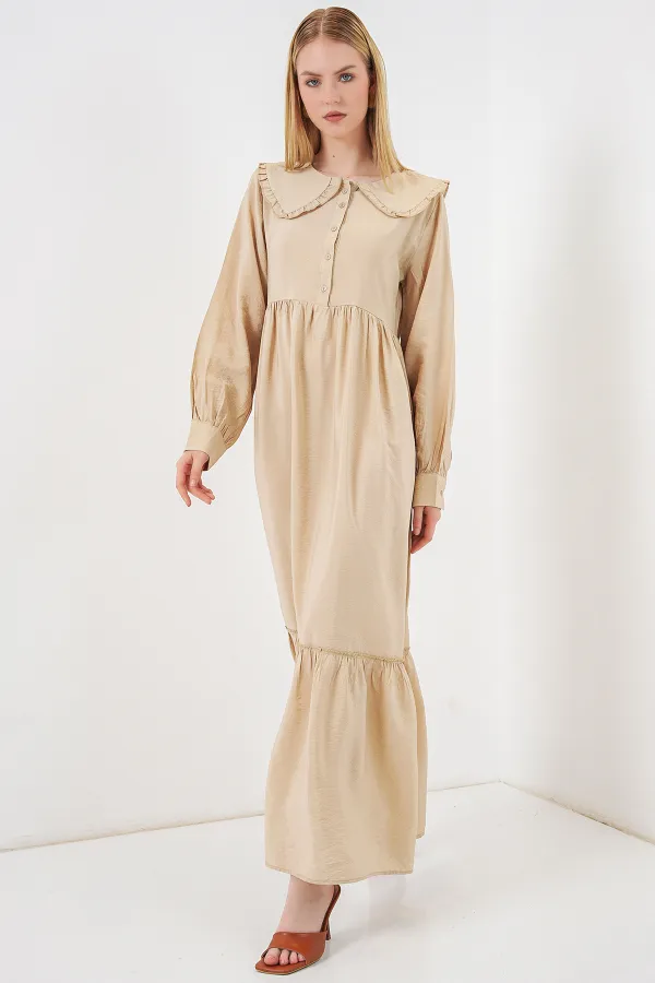 Kadın Bebe Yaka Uzun Tesettür Elbise 2592 - Bej