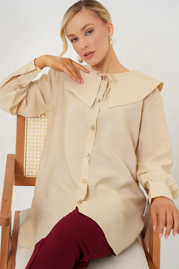 Women's Peter Pan Collar Long Tunic 5967 - Cream