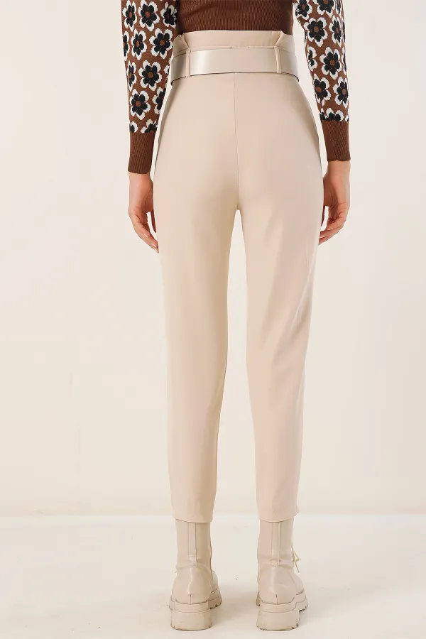 6556 Kemerli Kumaş Pantolon - Krem