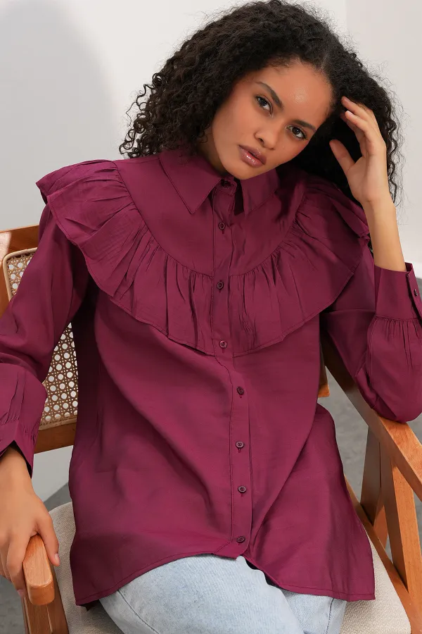 Women's Ruffle Detail Shirt Tunic 5994 - Burgundy