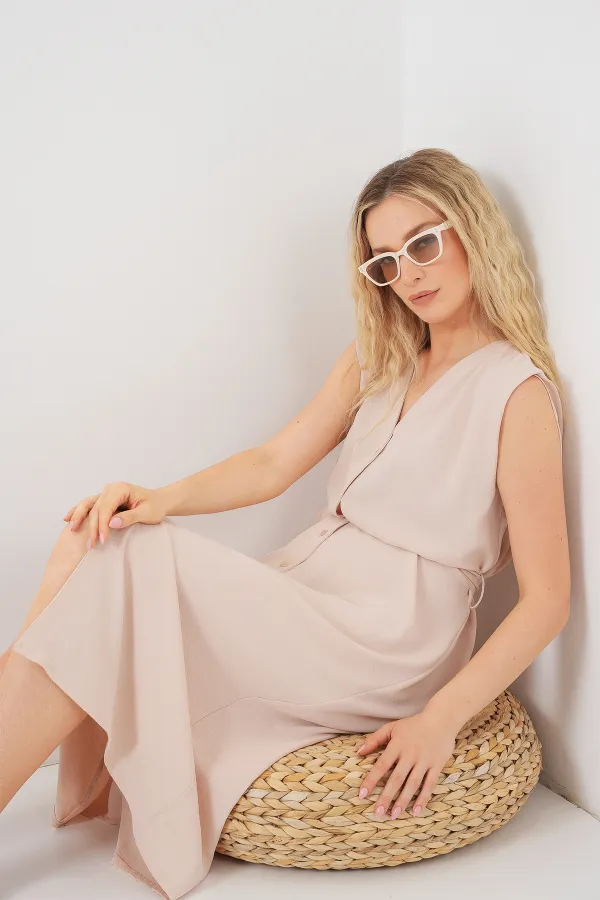 Kadın Sıfır Kol Kuşaklı Ayrobin Elbise 2568 - Krem