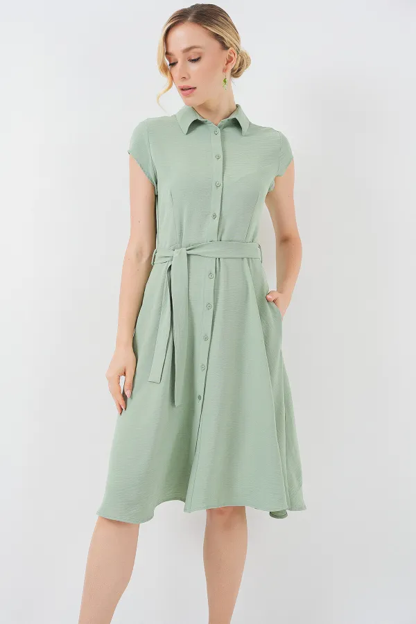 1677 Buttoned Belted Dress - E.Green