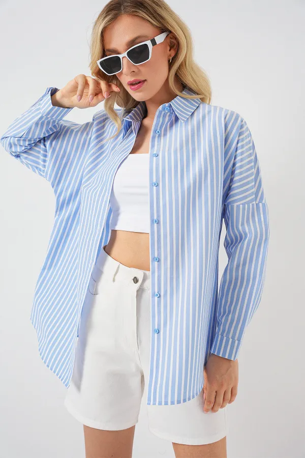 Chemise rayée oversize pour femme 20332 - Bleu foncé