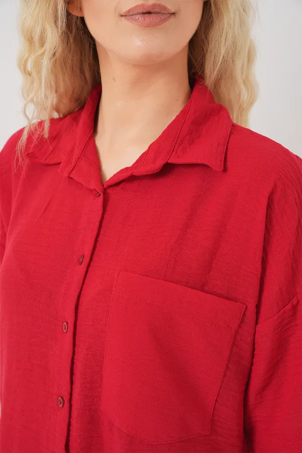 Chemise à manches courtes pour femme, aspect lin, référence 20336 - Rouge