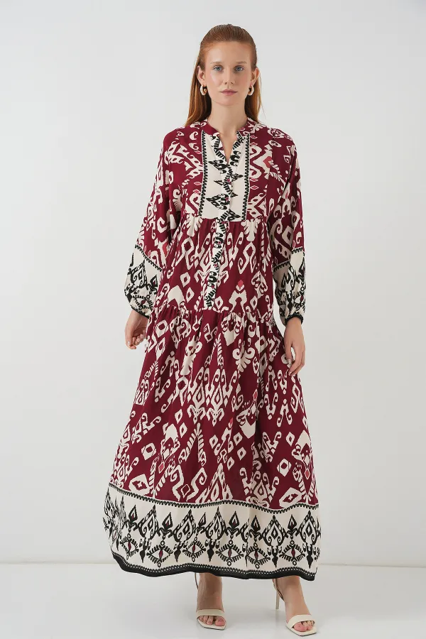 Robe longue hijab à motifs pour femme 2585 - Bordeaux