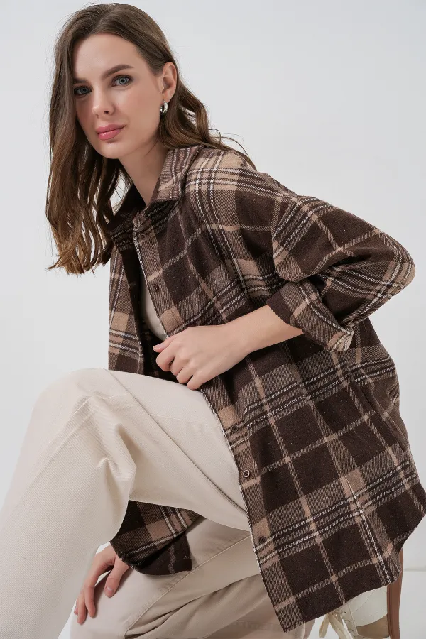 Women's Plaid Pattern Oversize Lumberjack Shirt 3854 Brown