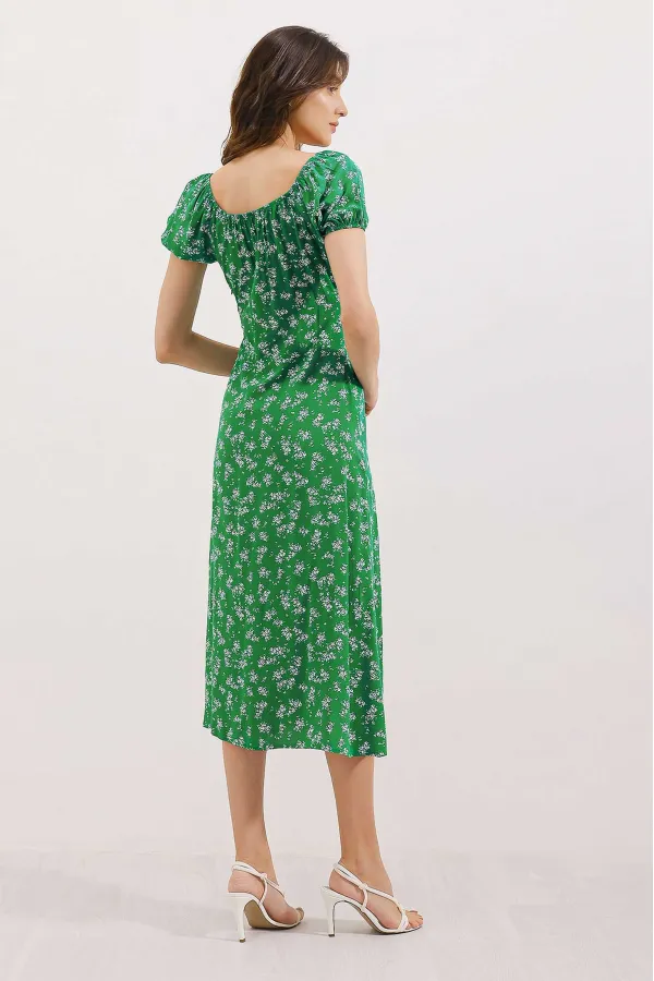 2427 Slit Floral Viscose Dress - Green