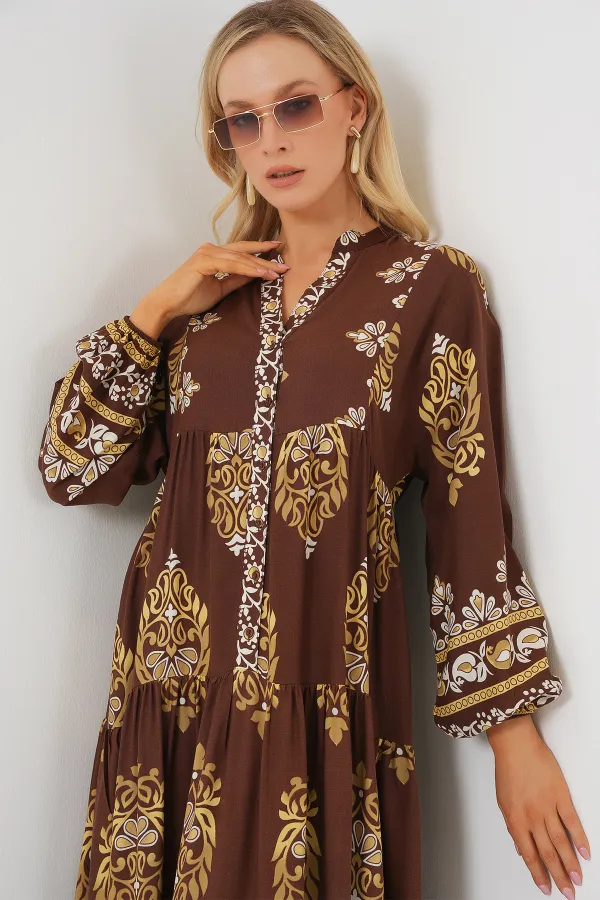 Robe hijab à motifs authentiques 2423 - Blanc - Marron