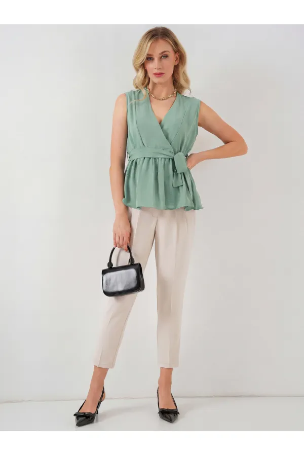 Kadın Kruvaze Yaka Kolsuz Bluz 966 - Çağla