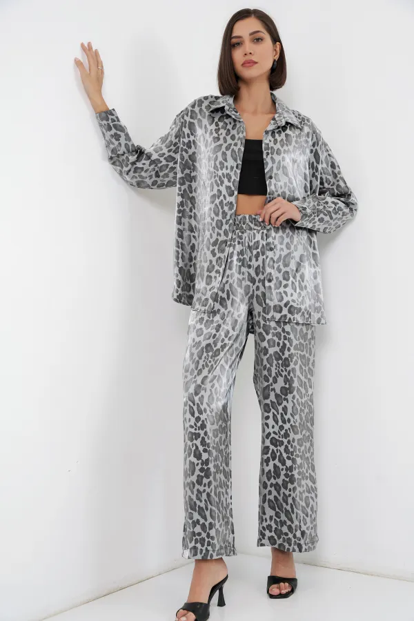 6699 Leopar Desenli Alt Üst Takım - Gri