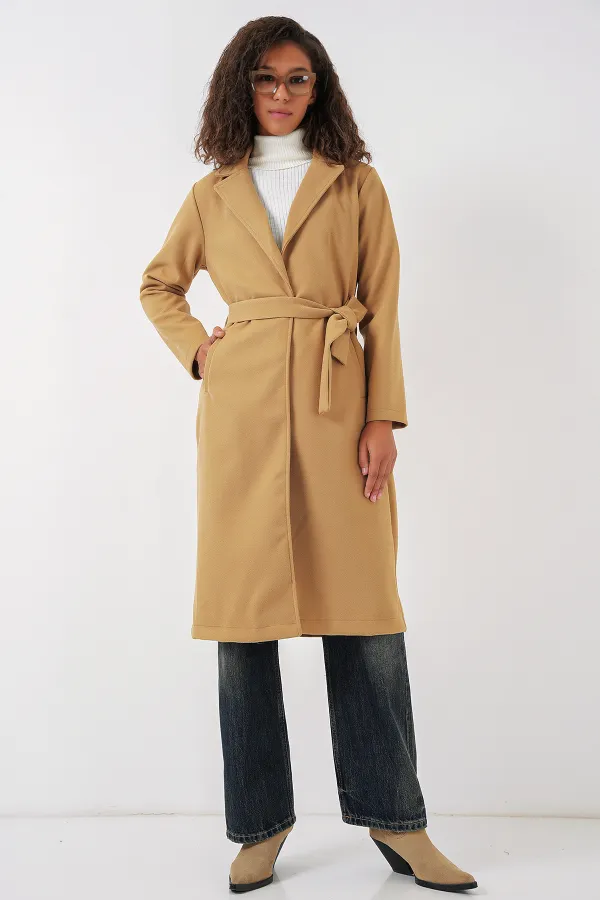 9118 Kruvaze Yaka Kaşe Kaban - Hardal