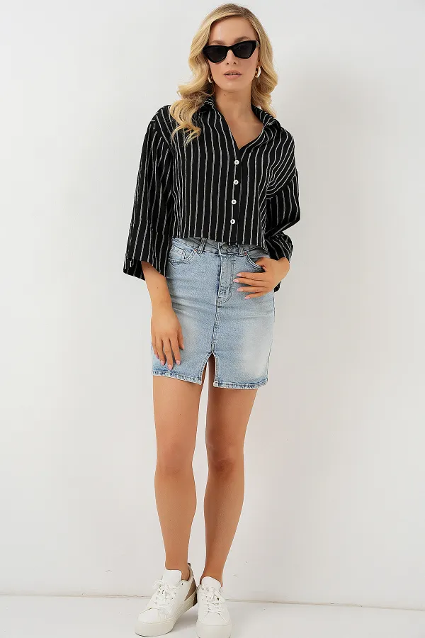 Women's Striped Oversize Short Shirt 20326 - Black