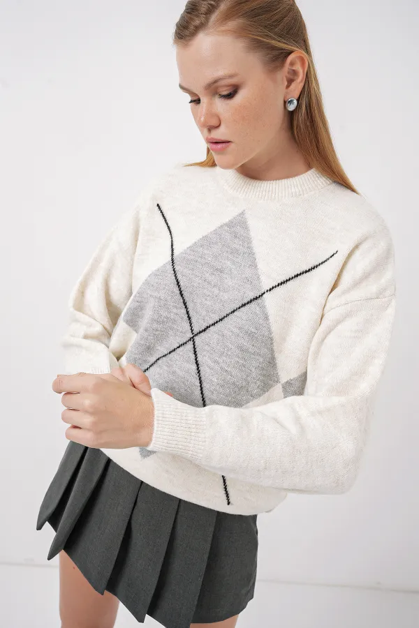 Pull oversize en maille à motif losanges - Gris clair 15895