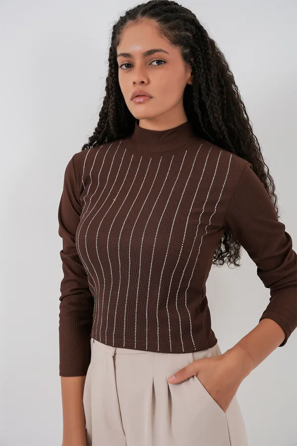 922 Taşlı Body - Kahverengi