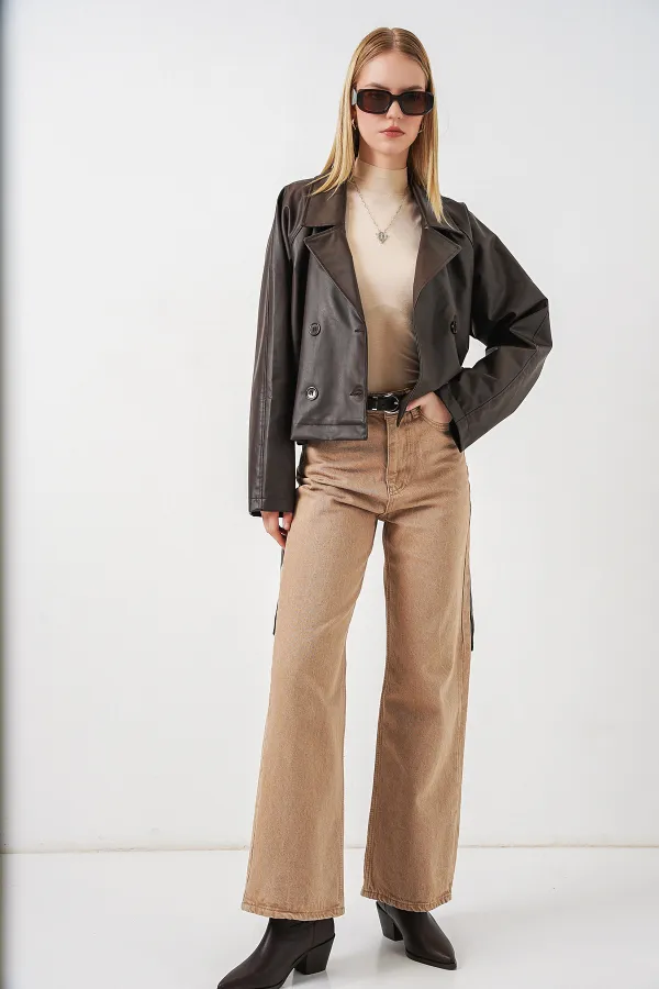 Kadin Kısa Suni Deri Ceket 1058 - Kahverengi