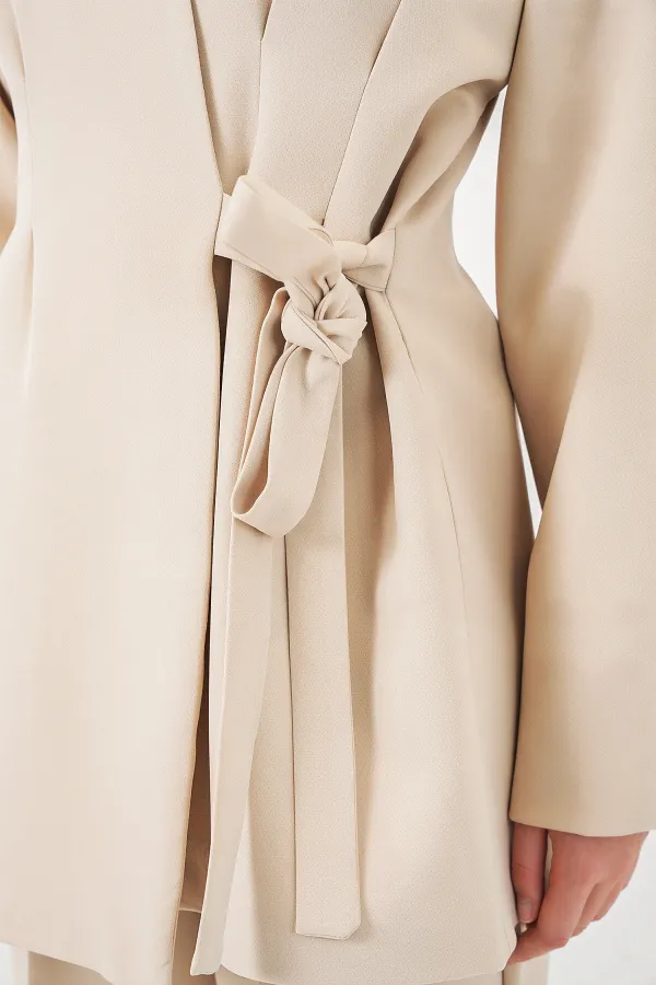 Kadın Yandan Bağlamalı Ceket Pantolon İkili Takım 30099 - Krem