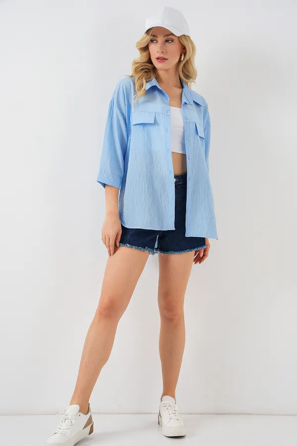 Women's Pocket Detailed Short Sleeve Shirt 20317 - Blue