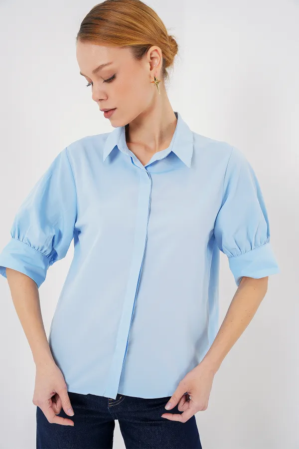 Kadın Kısa Kol Gömlek 20312 - Mavi