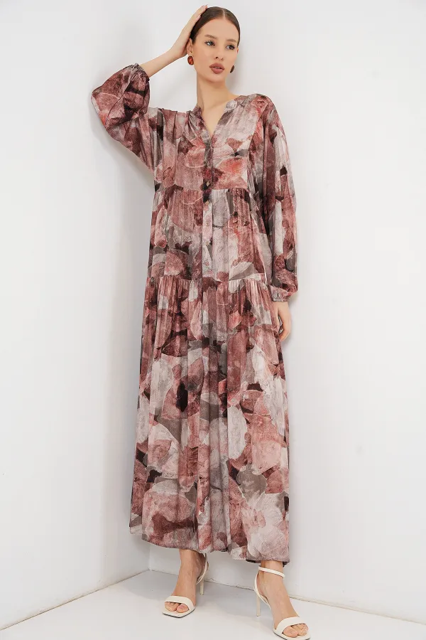 Kadın Desenli Uzun Tesettür Elbise 2585 - D.Gül Kurusu