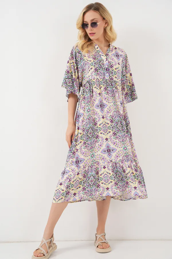 Kadın Desenli Kısa Kol Elbise 2562 - Bordo