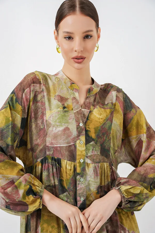 Women's Patterned Long Hijab Dress 2585 - Light Green