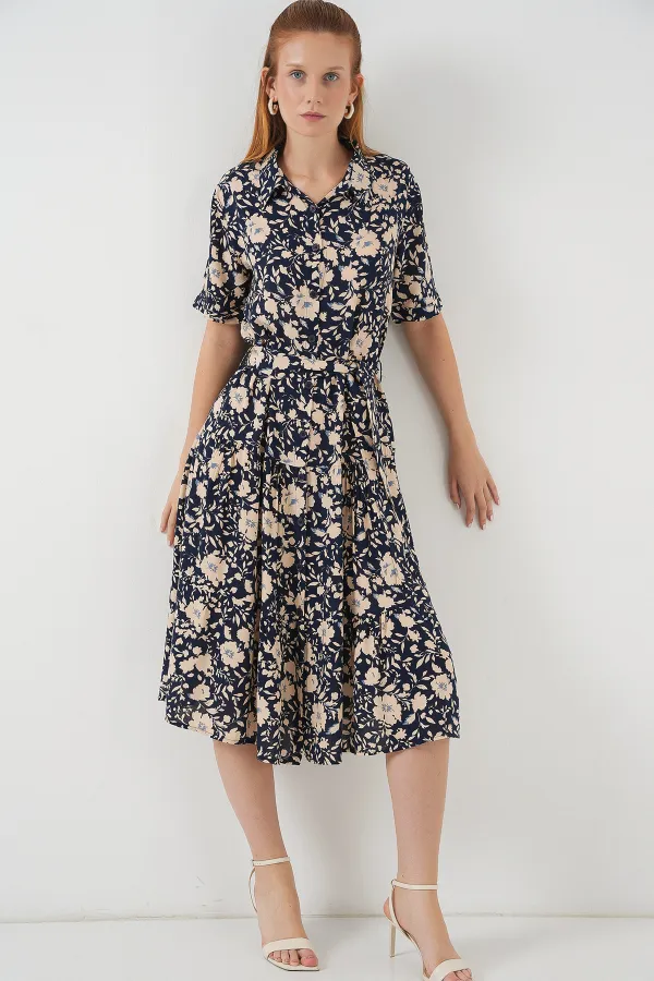 Kadın Kısa Kol Desenli Elbise 2560 - Lacivert