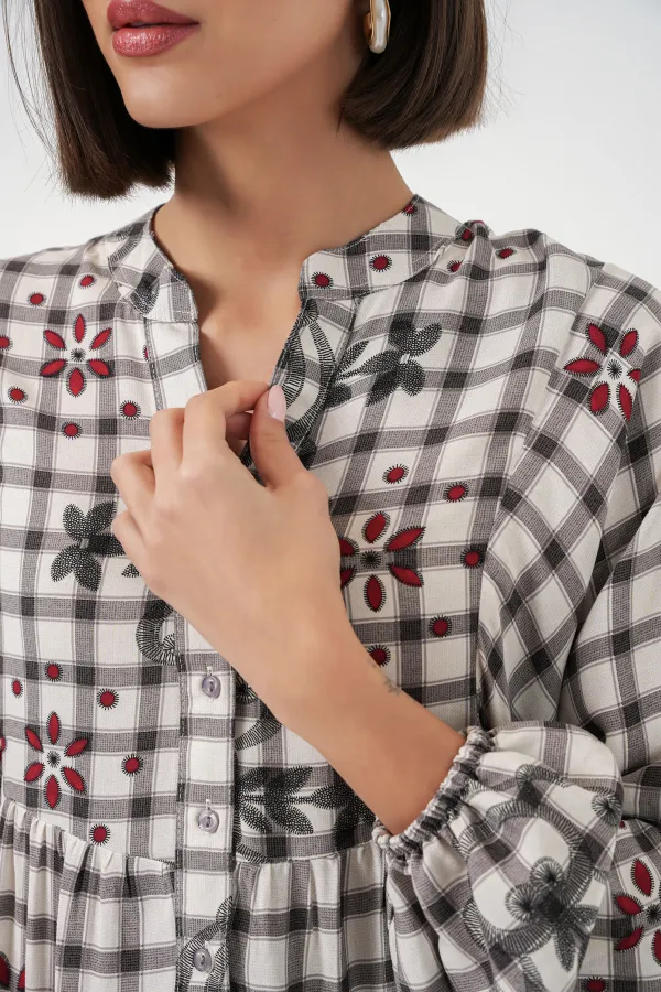 Kadın Desenli Uzun Tesettür Elbise 2585 - A.Gri