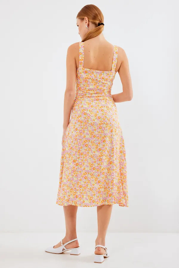 2282 Yırtmaçlı Askılı Viskon Elbise - Turuncu