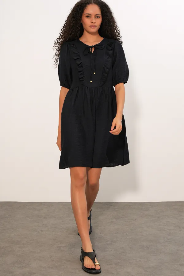 Women's Tie-Neck Short-Sleeve Ruched Dress 2600 - Black