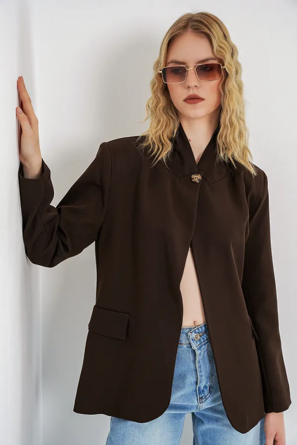 Women's One-Button Oversize Blazer Jacket 0749 - Brown