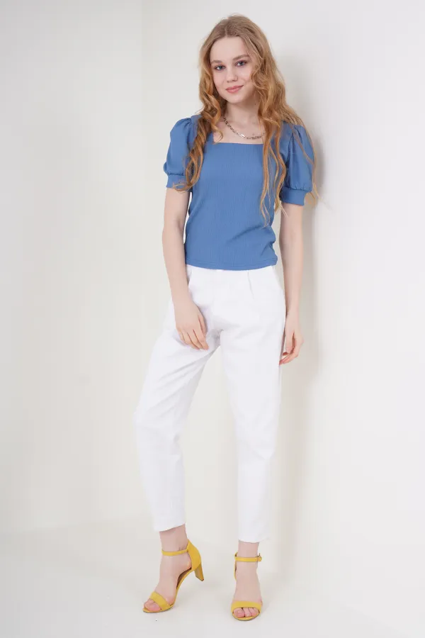 0409 Chemisier tricoté à col carré - Indigo